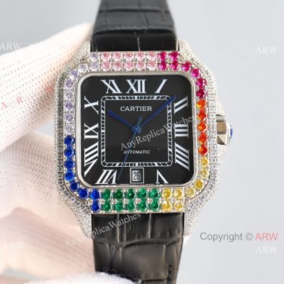 Swiss Copy Cartier Santos 100 Full Iced Rainbow Watches Black Roman 40mm